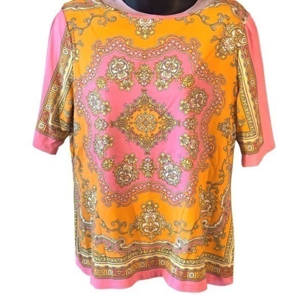 Vibrant Baroque Mandala Scarf Print Blouse Pink Orange Boho Chic Top Petite L - Picture 2 of 9